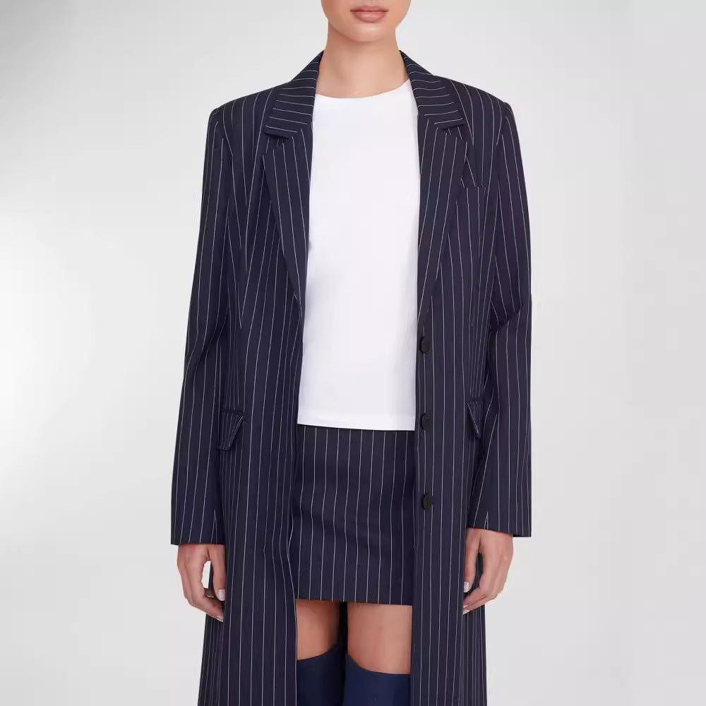 Women's Oversize Longline Coat in Pinstripe Look with Slit and Flap Pockets Mune Fashion