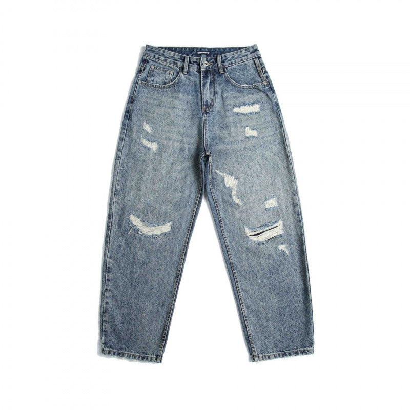 Women High-Waisted Baggy Jeans with Rips and Straight Leg Mune Fashion