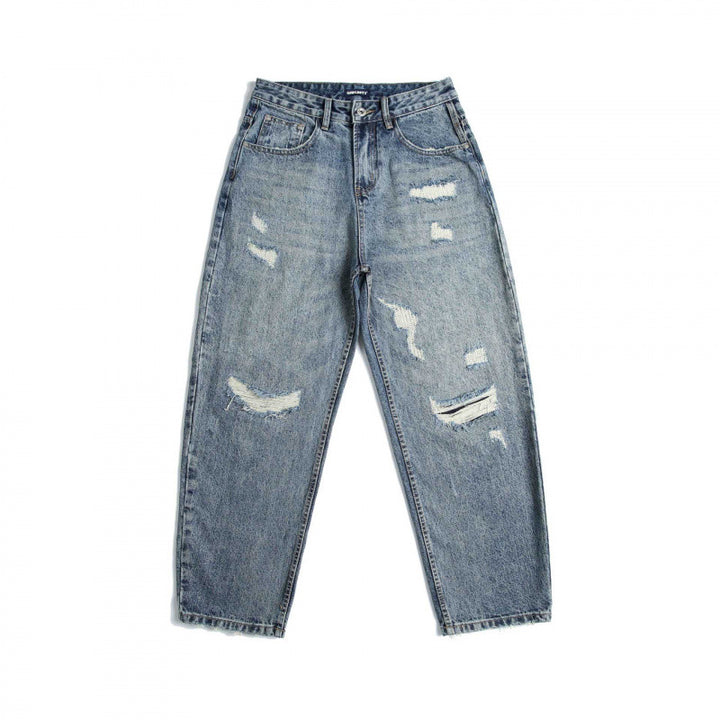 Women High-Waisted Baggy Jeans with Rips and Straight Leg Mune Fashion