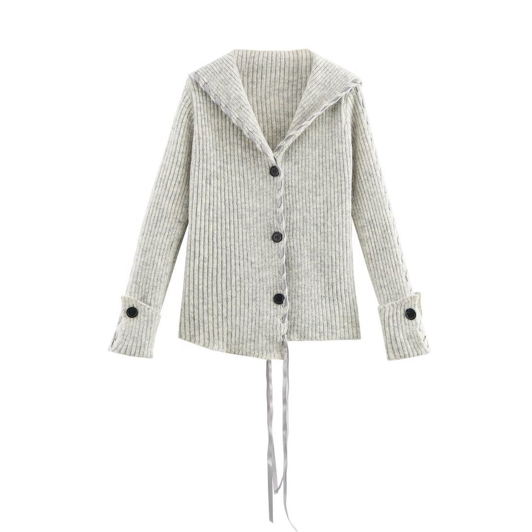 Women Ribbed Cardigan with Sailor Collar, Decorative Ribbon Lacing and Button Placket Mune Fashion