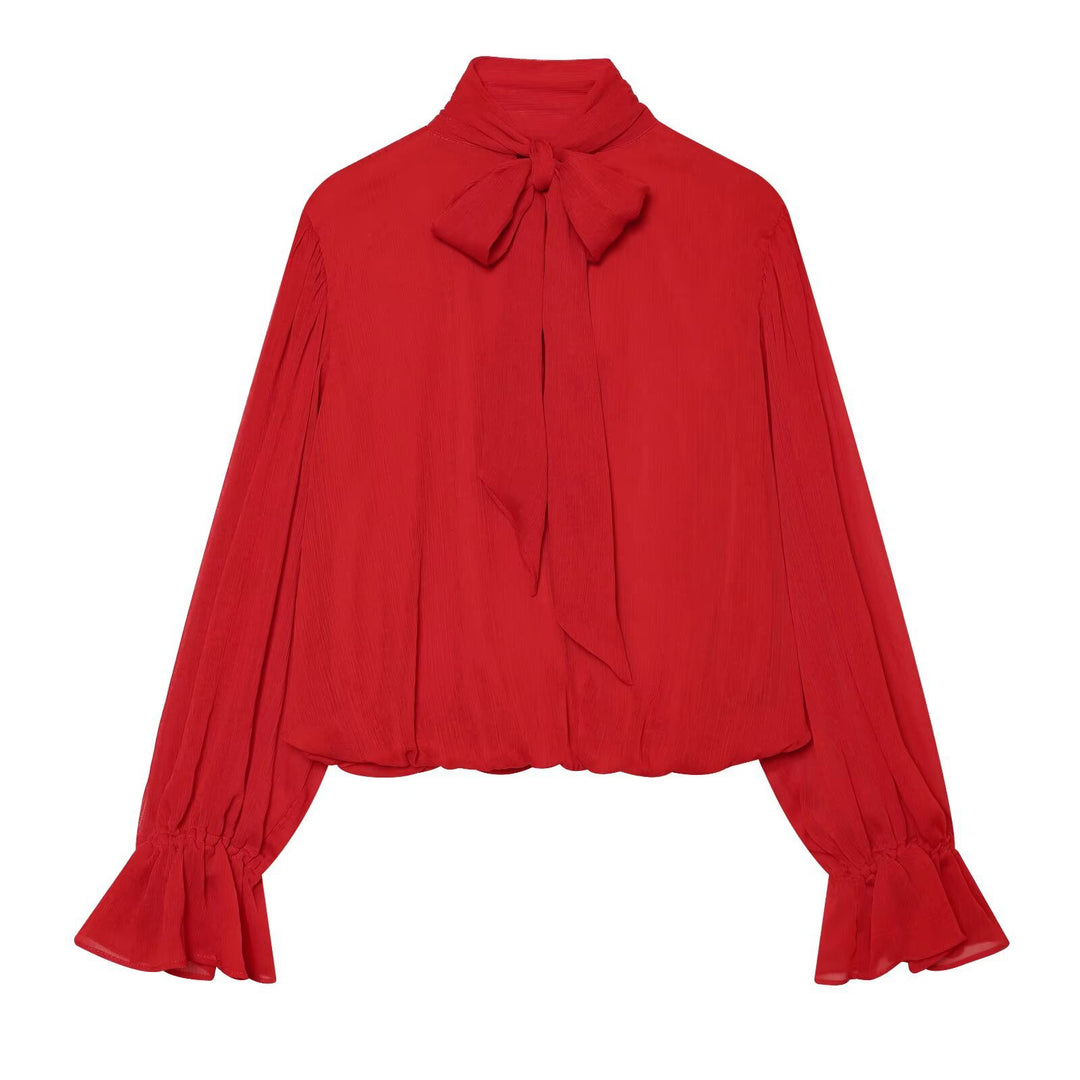 Women's chiffon blouse with tie, standing collar, and gathered balloon sleeves Mune Fashion
