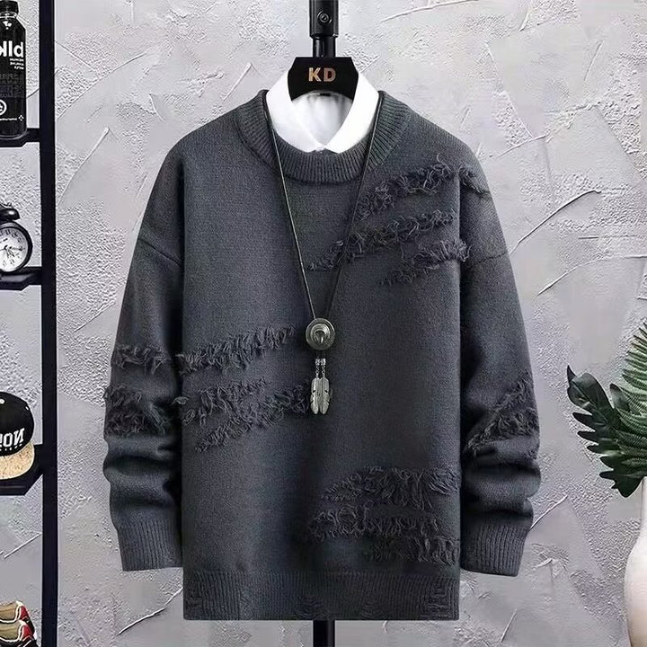 Men's Oversized Knit Sweater with Fringe - Used Details and Round Neck Mune Fashion