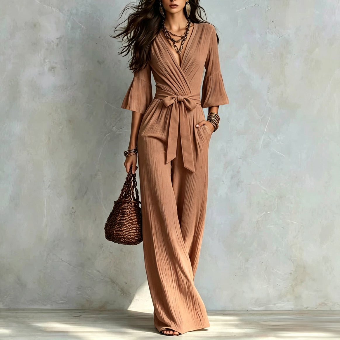 Women's Jumpsuit Wrap Look with Wide Leg, Waist Belt and Bell Sleeves Mune Fashion