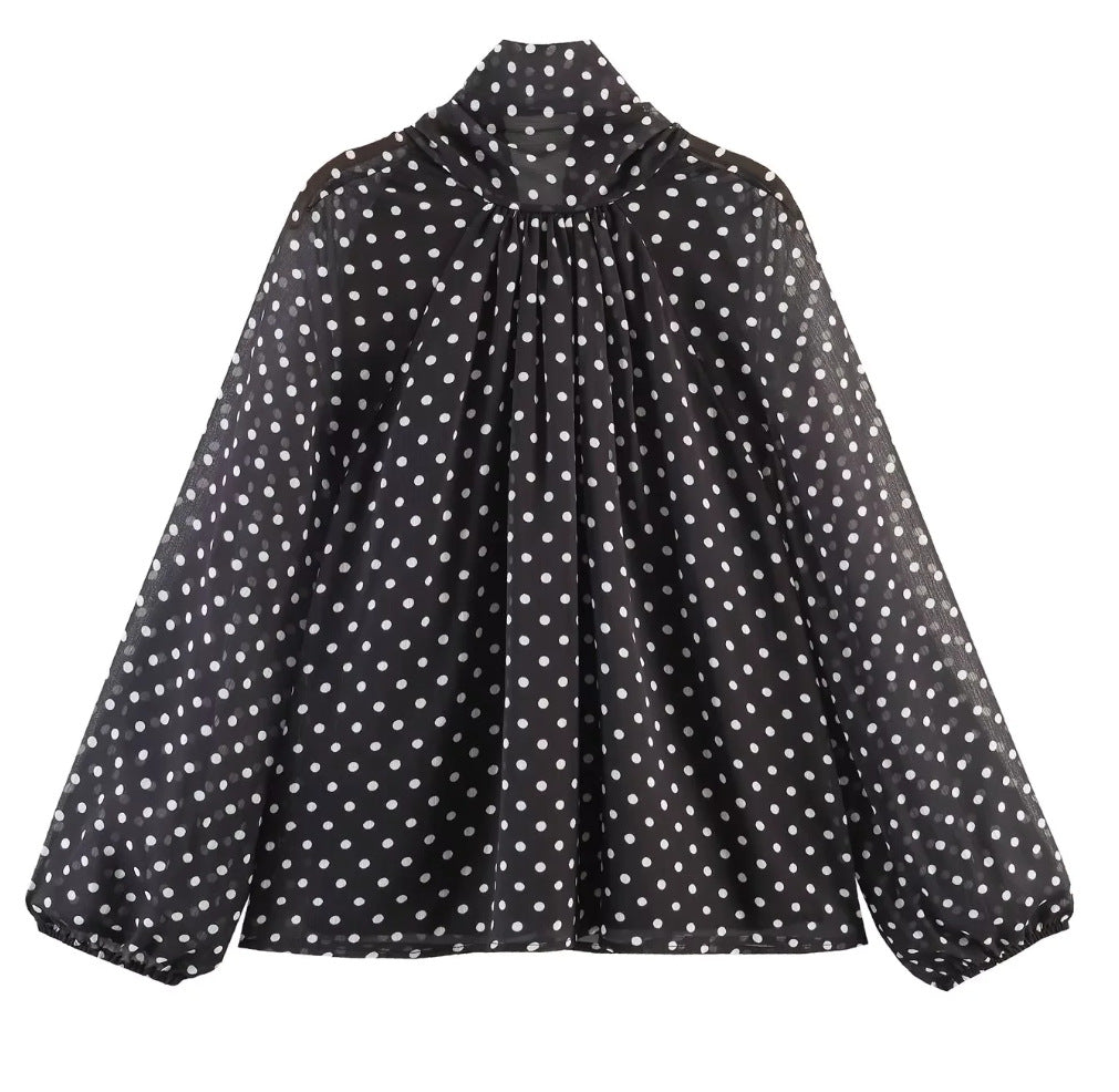 Ladies 100+ Chiffon blouse with bow collar, puff sleeves and polka dot print Mune Fashion