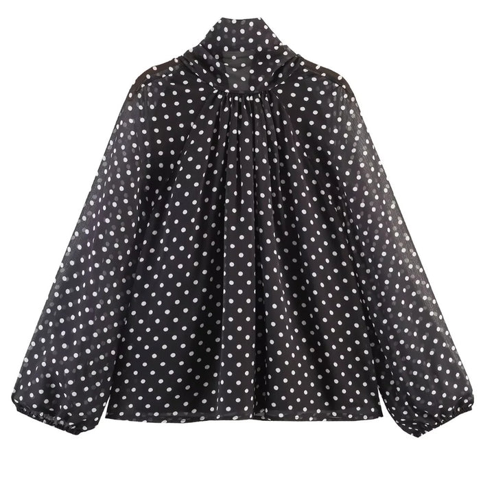 Ladies 100+ Chiffon blouse with bow collar, puff sleeves and polka dot print Mune Fashion