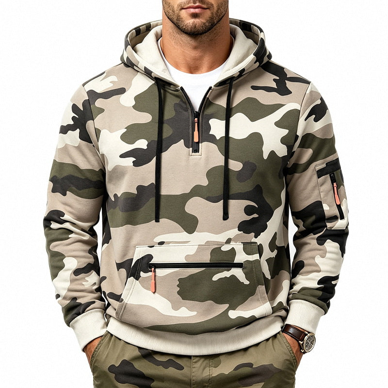 Men's Hoodie with Camouflage Pattern, Zipper Pockets and Kangaroo Pocket Mune Fashion