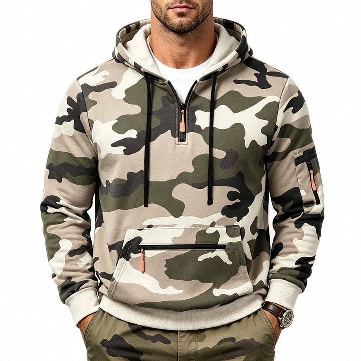Men's Hoodie with Camouflage Pattern, Zipper Pockets and Kangaroo Pocket Mune Fashion