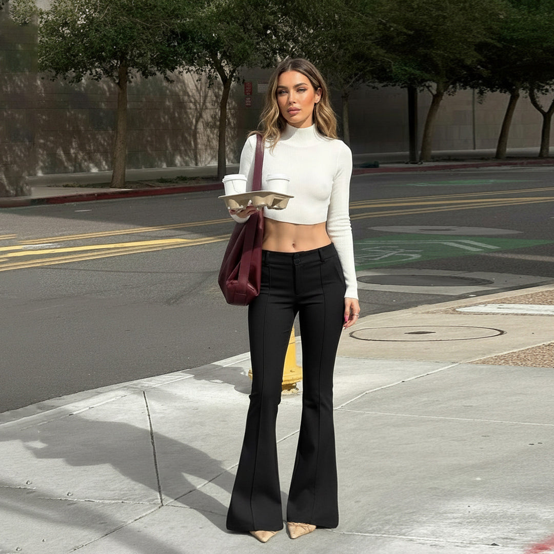 Ladies Figure-Hugging Stretch Flared Trousers with Crease and Waistband Mune Fashion