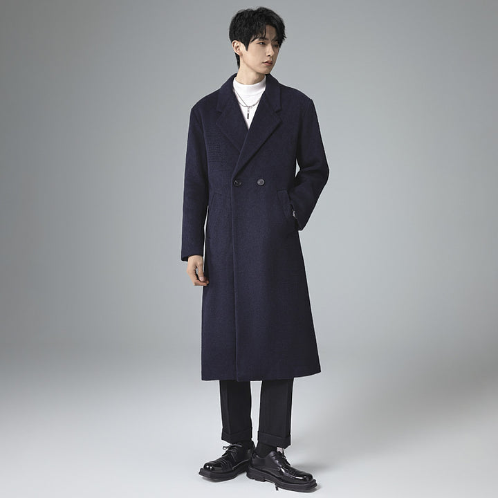 Men's Elegant Long Wool Blend Coat with Downfall Shawl Collar and Clean Single Breasted Mune Fashion