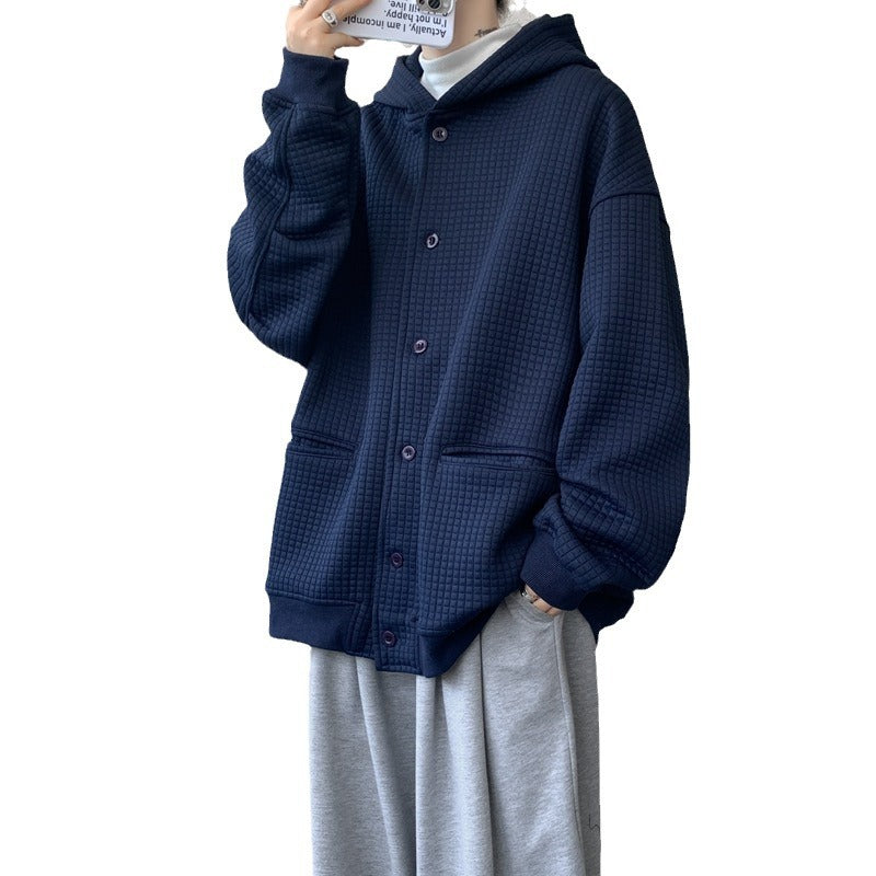 Men's Oversized Quilted Hooded Jacket with Waffle Texture, Button Placket and Side Pockets Mune Fashion