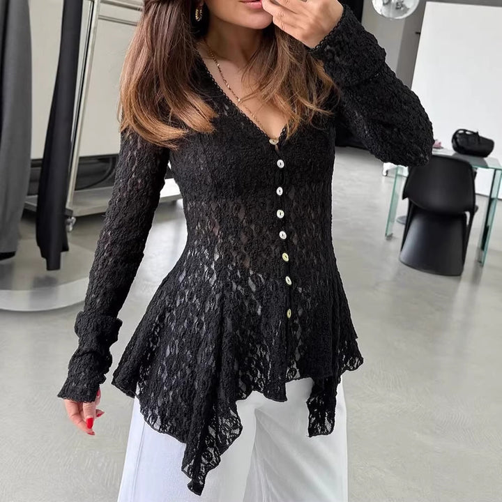 Women's lace blouse with tailored cut, button placket and asymmetrical peplum drape
