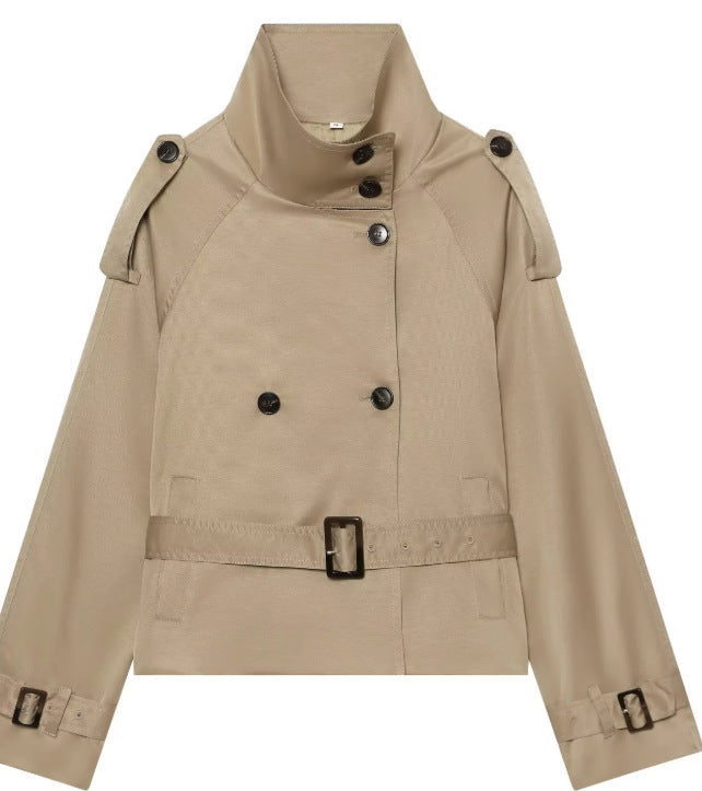Women's short cut trench jacket with high stand-up collar and waist belt Mune Fashion