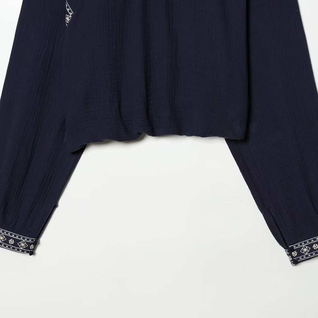Women nan embroidered Boho blouse with gathered stand collar, balloon sleeves, and short hem Mune Fashion