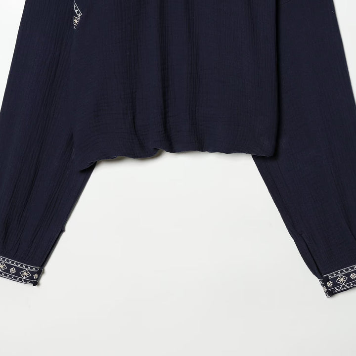 Women nan embroidered Boho blouse with gathered stand collar, balloon sleeves, and short hem Mune Fashion