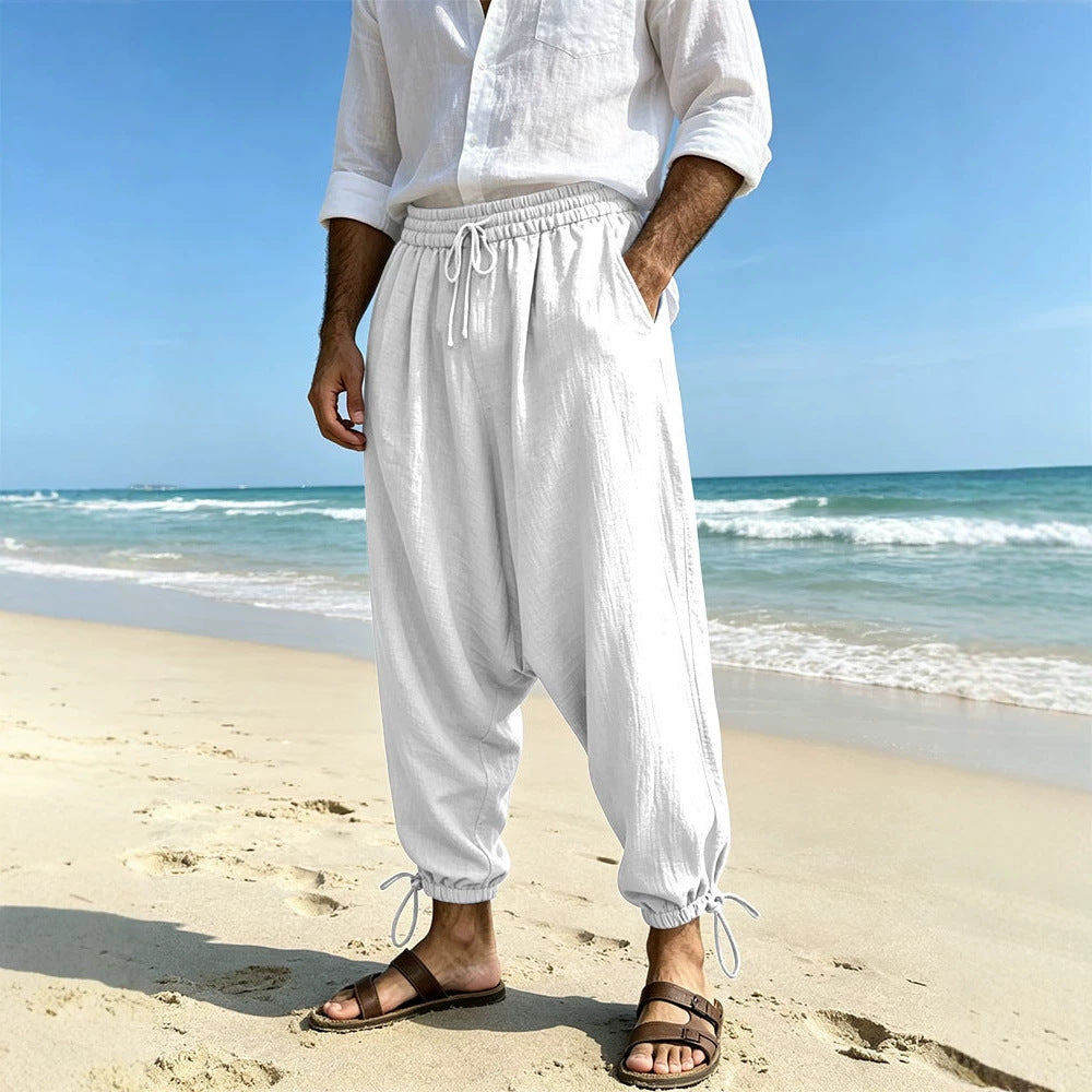 Men's Loose Linen Harem Pants with Elastic Waistband and Adjustable Ankle Cuffs Mune Fashion