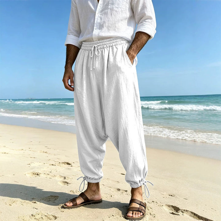 Men's Loose Linen Harem Pants with Elastic Waistband and Adjustable Ankle Cuffs Mune Fashion