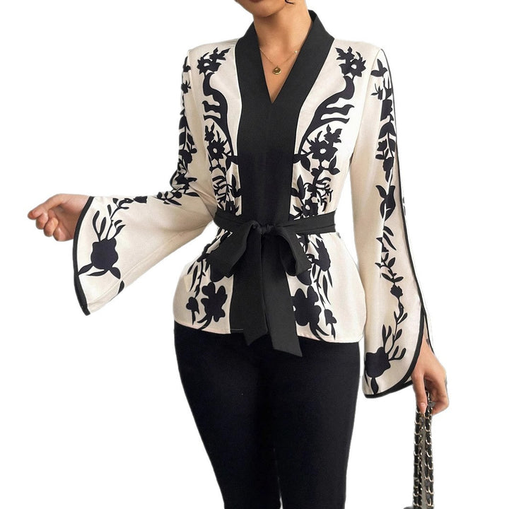 Women's kimono blouse with floral print, V-neck and waist tie belt Mune Fashion