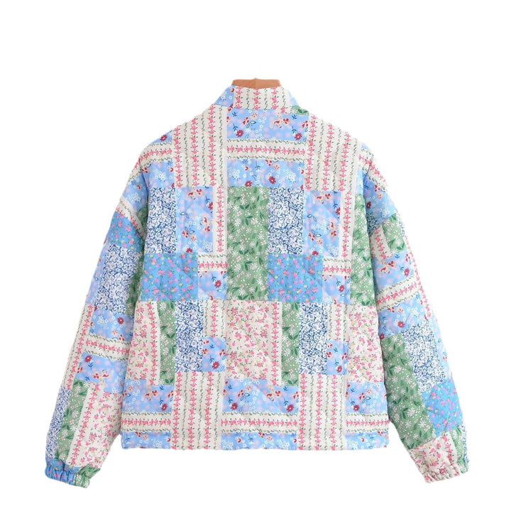 Women Padded Patchwork Quilted Jacket with Stand Collar and Snap Fastening Mune Fashion