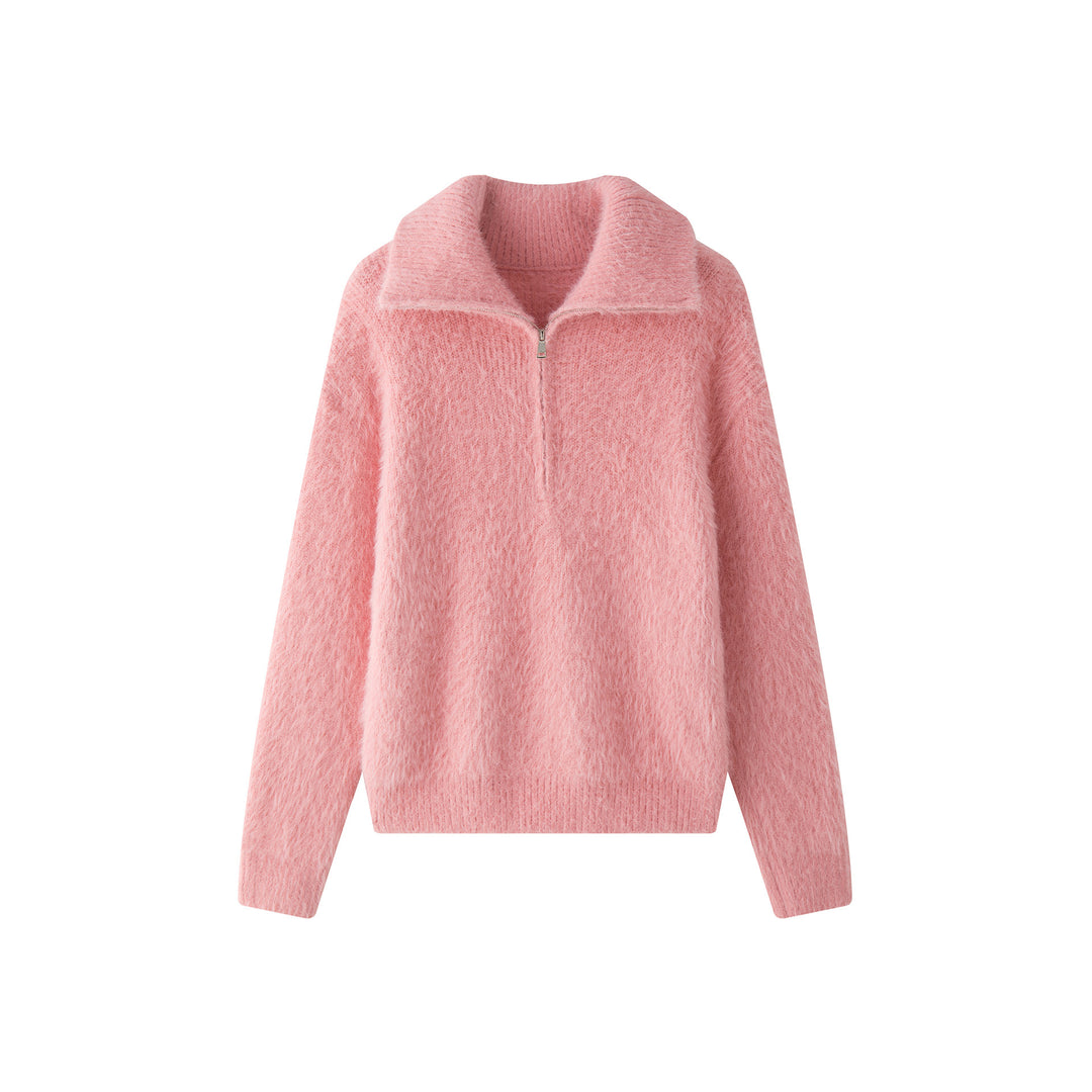 Women's fluffy stand-up collar sweater with half zipper Mune Fashion