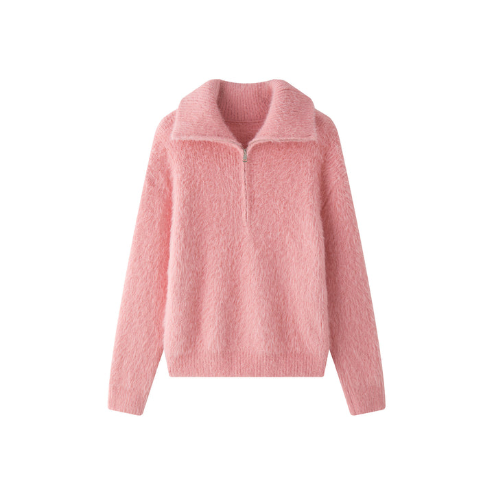 Women's fluffy stand-up collar sweater with half zipper Mune Fashion