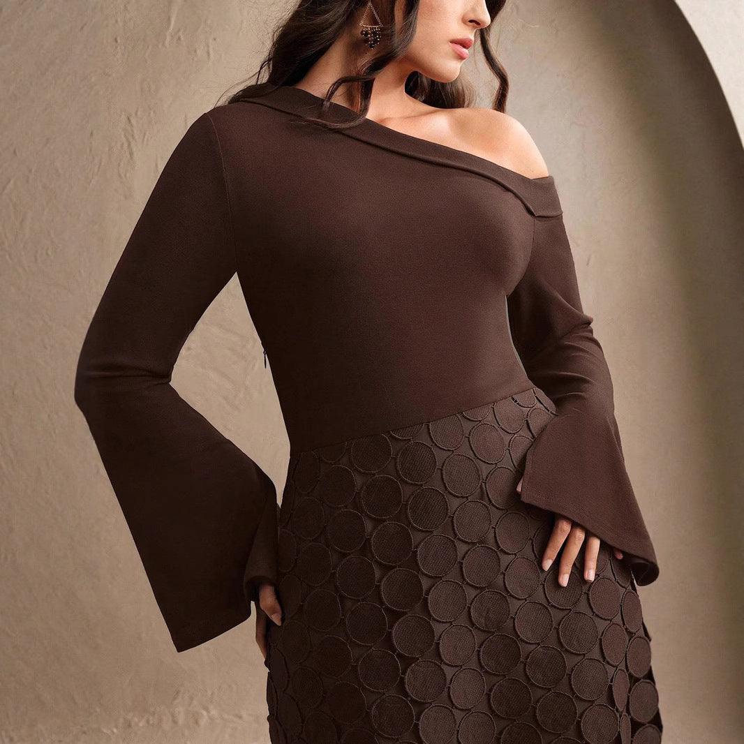 Women’s Asymmetrical Midi Dress with One Shoulder Top and Circle Appliqué Skirt Mune Fashion