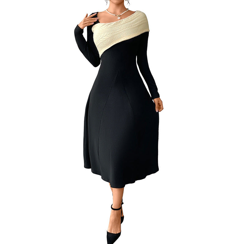 Women Asymmetric Midi Dress with Contrasted Knitted Shoulder and Tailored Silhouette Mune Fashion