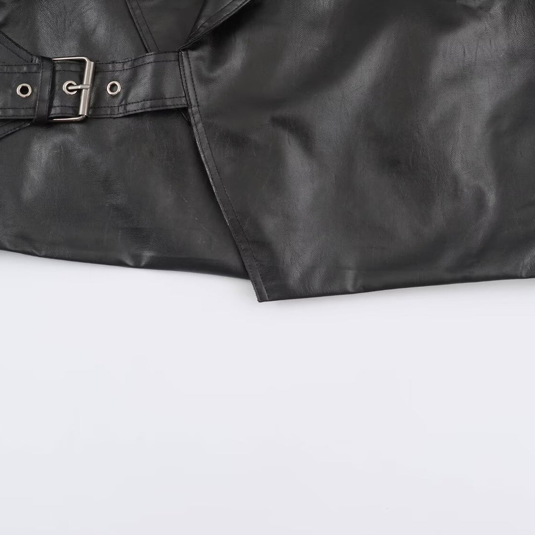 Women's Cropped Leather-Look Jacket with Oversized Shawl Collar and Tailoring Buckle Belt Mune Fashion