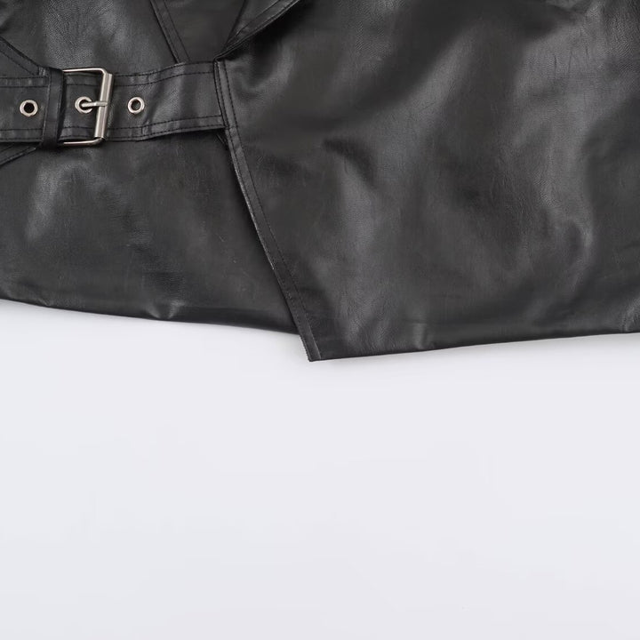 Women's Cropped Leather-Look Jacket with Oversized Shawl Collar and Tailoring Buckle Belt Mune Fashion