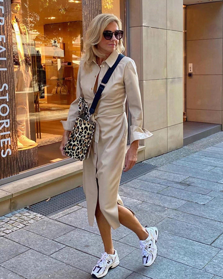 Women's nan figurnah button-up midi dress with waist tie belt, flounce cuffs and discreet front slit Mune Fashion