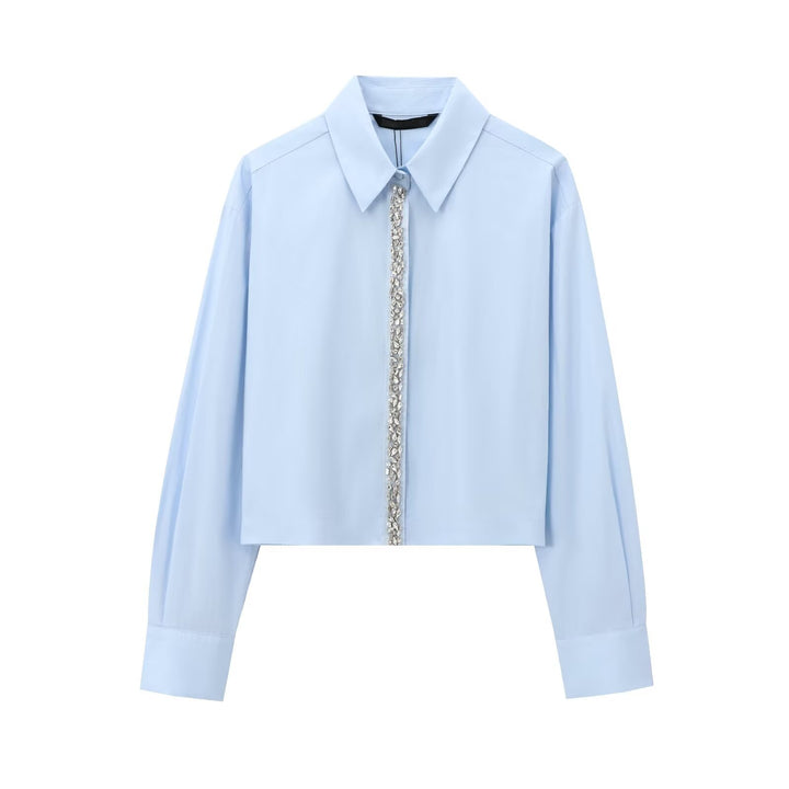 Women's Cropped Shirt with Crystal Decoration and Oversized Collar Mune Fashion