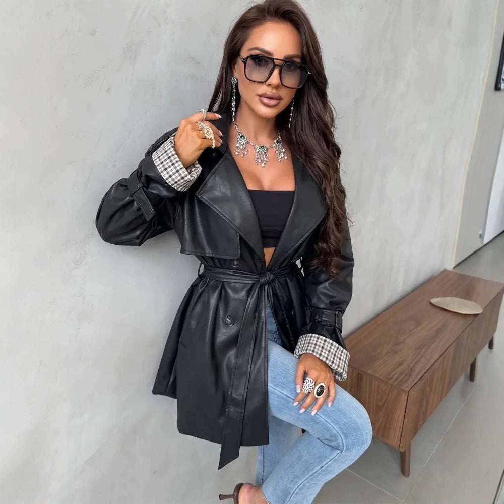 Women's Short Faux Leather Trench Coat with Belted Waist and Check Cuff Flaps Mune Fashion