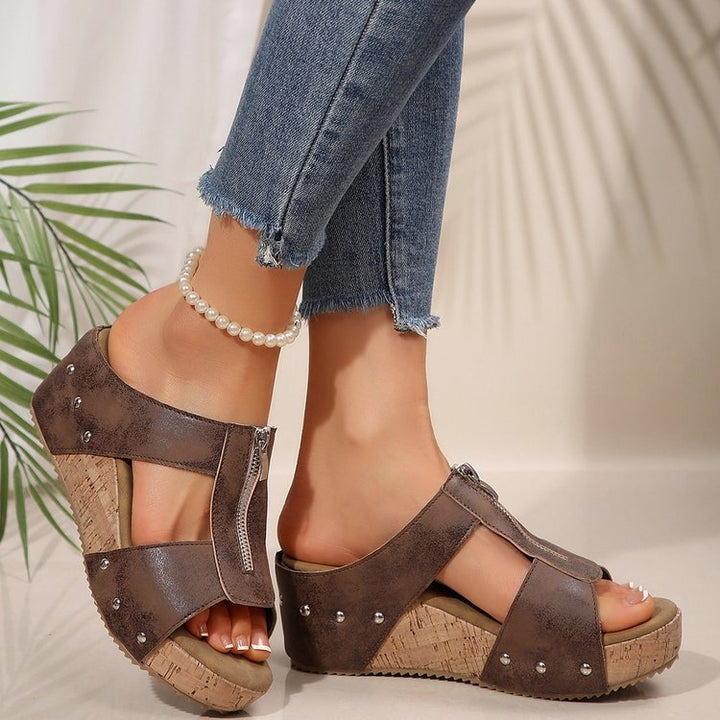 Damen Offene Keil‑Sandaletten mit vorderer Reißverschlussblende und Korkplateau Mune Fashion