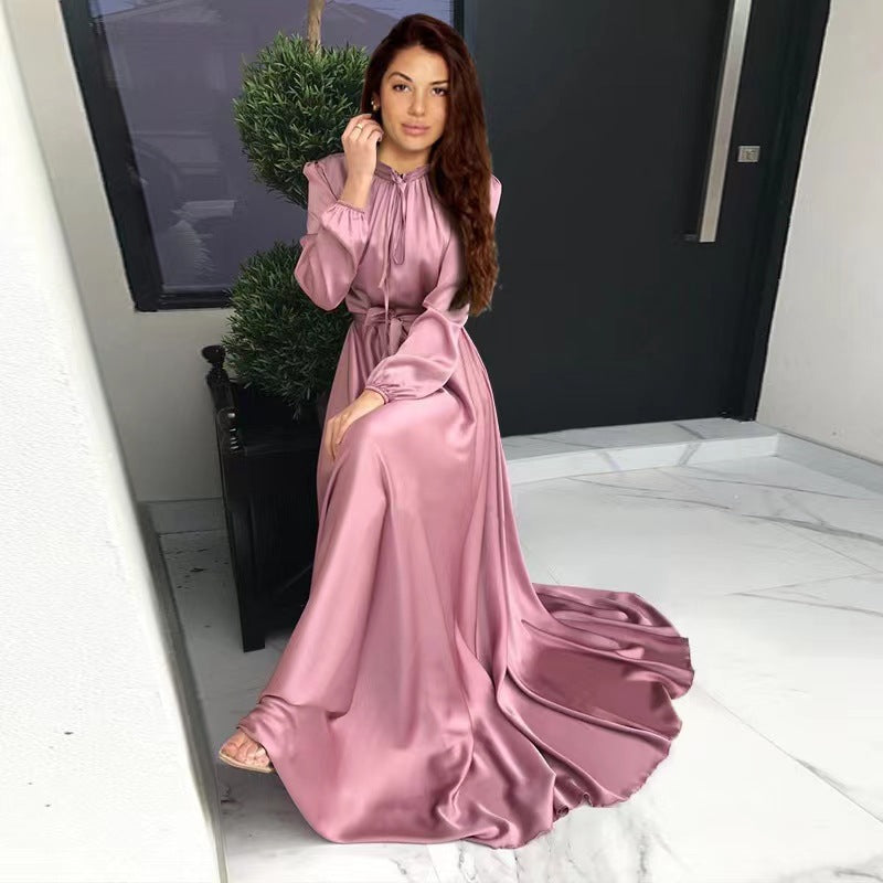 Women's maxi dress made of flowing satin with stand-up collar and tie belt Mune Fashion
