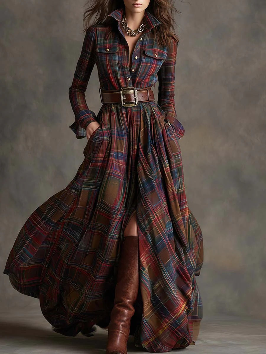 Women checked maxi dress shirt dress with flared skirt and wide waistband Mune Fashion