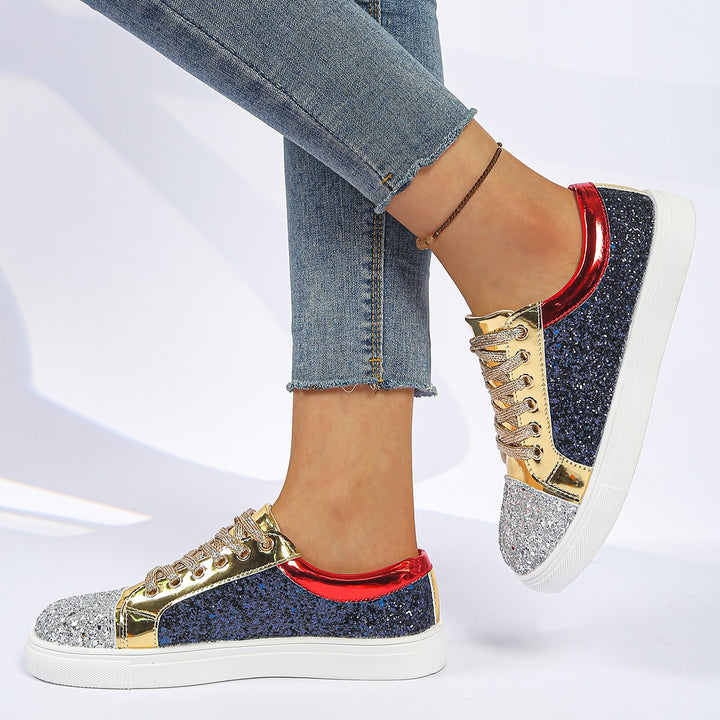 Women Glitter Sneakers with Metallic Inserts and Padded Platform Sole Mune Fashion