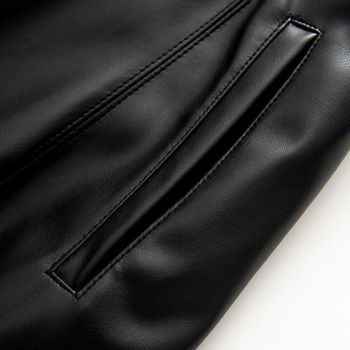 Women Long Vegan Leather Blazer with Shawl Collar, Tailored Double-Breasted Look and Insert Pockets Mune Fashion