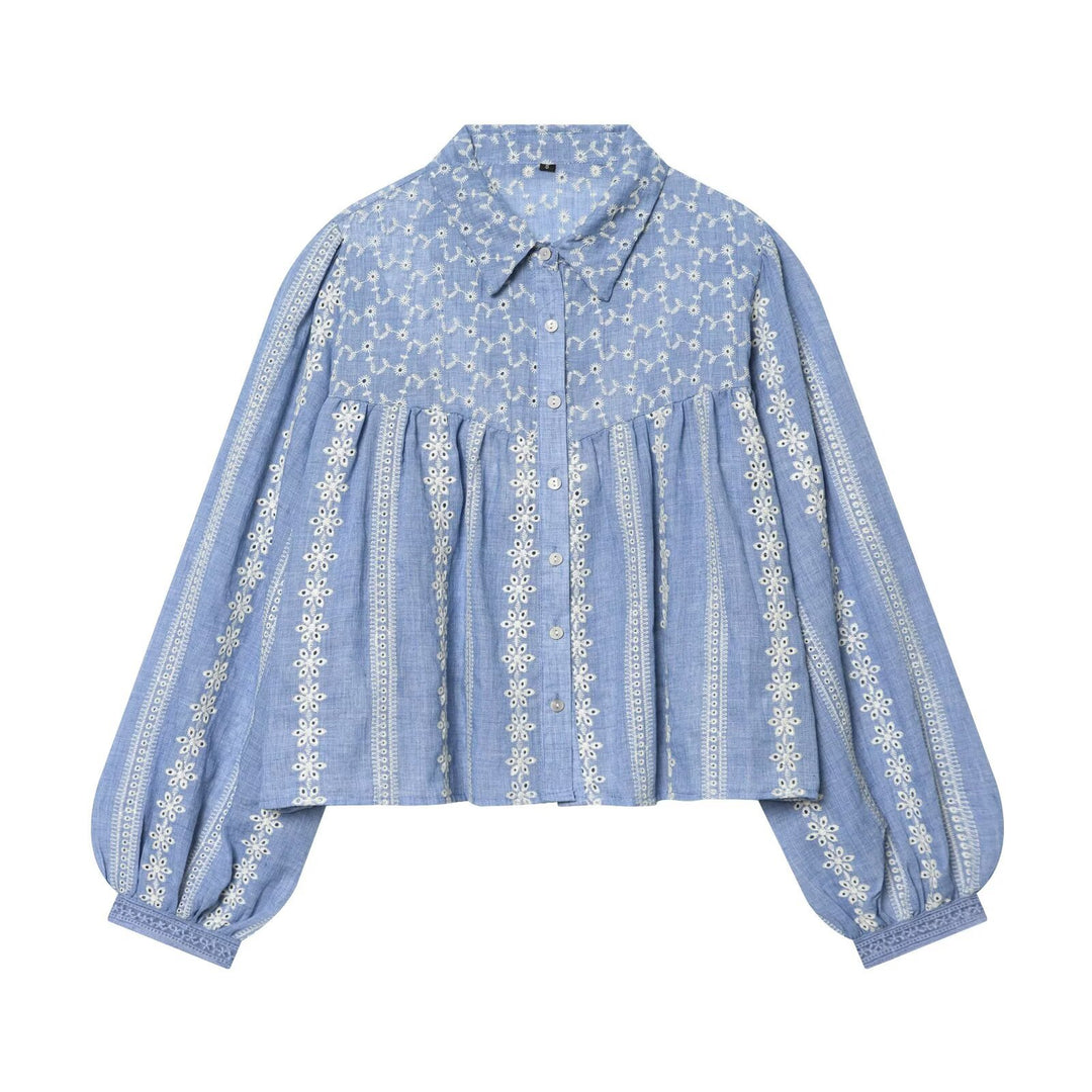 Women's Embroidered Oversized Shirt Blouse with Balloon Sleeves Mune Fashion