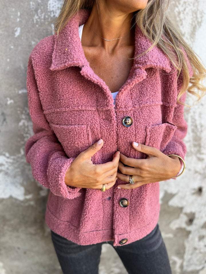 Ladies teddy jacket with large lapel collar, continuous button placket, and patch pockets Mune Fashion