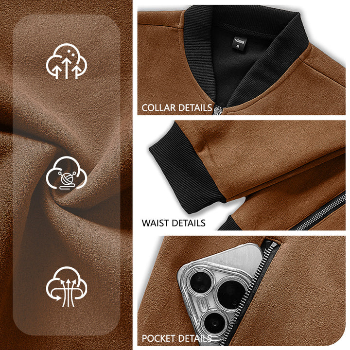 Men's Suede Look Bomber Jacket with Ribbed Cuffs and Zipper Pockets Mune Fashion
