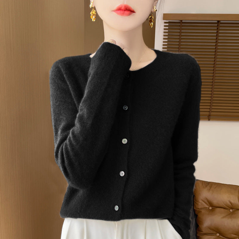 Ladies Cozy Short Cardigan made of Mohair Mix with fine virgin wool texture and mother-of-pearl button placket Mune Fashion