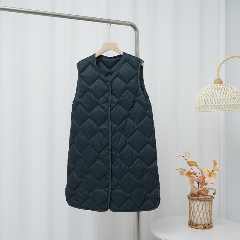 Women's Long Quilted Vest with V-Neck and Diamond Quilting Mune Fashion