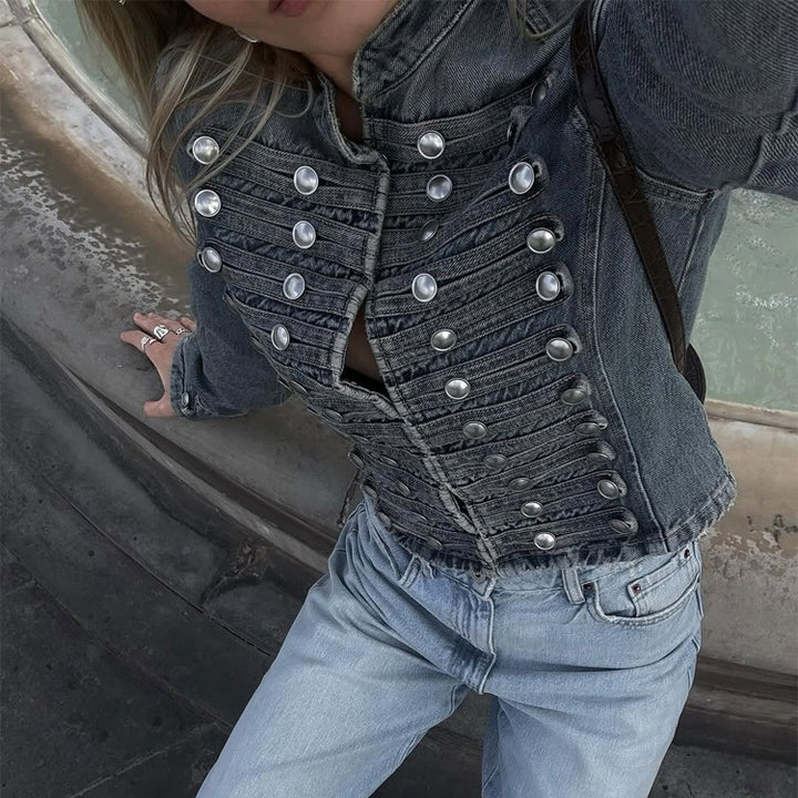 Women's short cut military-inspired denim jacket with decorative stripes and metal buttons Mune Fashion