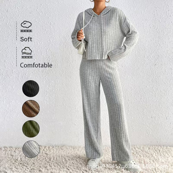 Women's Ribbed Cozy Lounge Set made of Chenille with Hoodie and Wide Leg Pants Mune Fashion