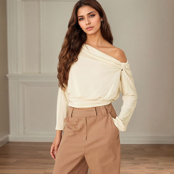 Women’s asymmetric one-shoulder blouse shirt with knot detail and fitted hem