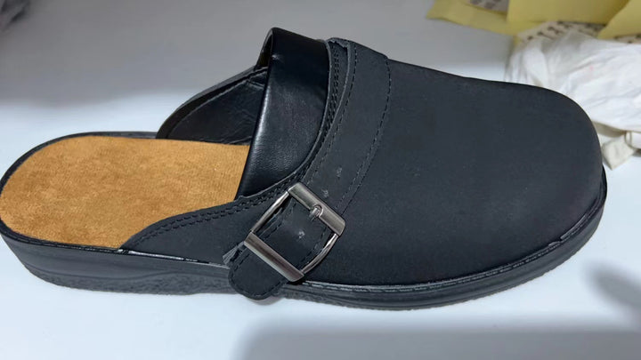Men's Leather Mule Clog with adjustable buckle strap and padded comfort footbed Mune Fashion