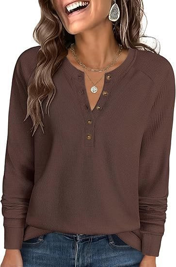 Ladies Waffle Knit Henley Long Sleeve with Button Placket, Raglan Sleeves and Ribbed Cuffs Mune Fashion