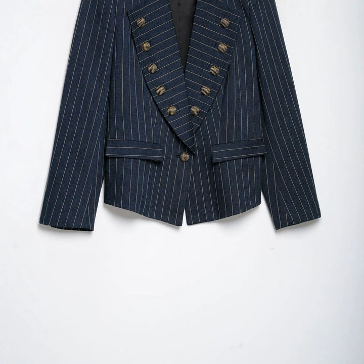 Women's Cropped Blazer in Pinstripe with Double-Sided Decorative Button Placket and Shoulder Epaulettes Mune Fashion