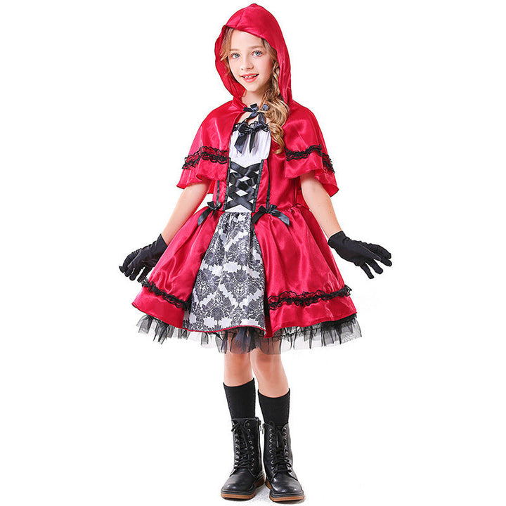 Girls Fairy Tale Little Red Riding Hood Costume with Elegant Tulle Skirt and Detail-Loving Cape Mune Fashion