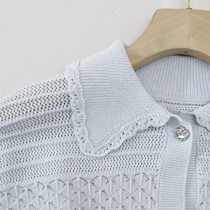 Women Short Sleeve Cardigan with Peter Pan Collar and Openwork Pattern Mune Fashion