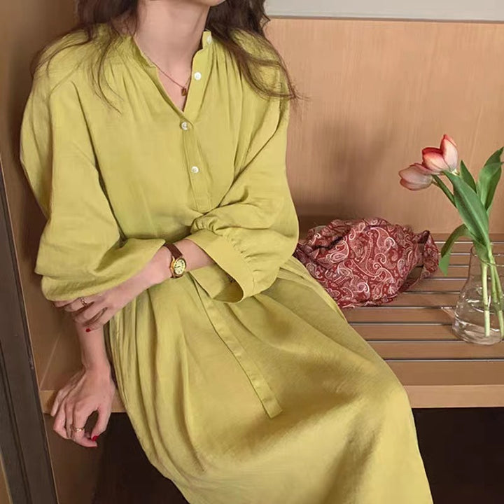 Women Loose Linen Blend Maxi Dress with Stand Collar, Tie Waist and Balloon Sleeves Mune Fashion